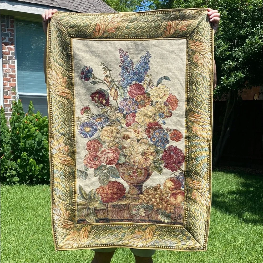 Vintage GRH France Gobelin Tapestry of flowers & fruit